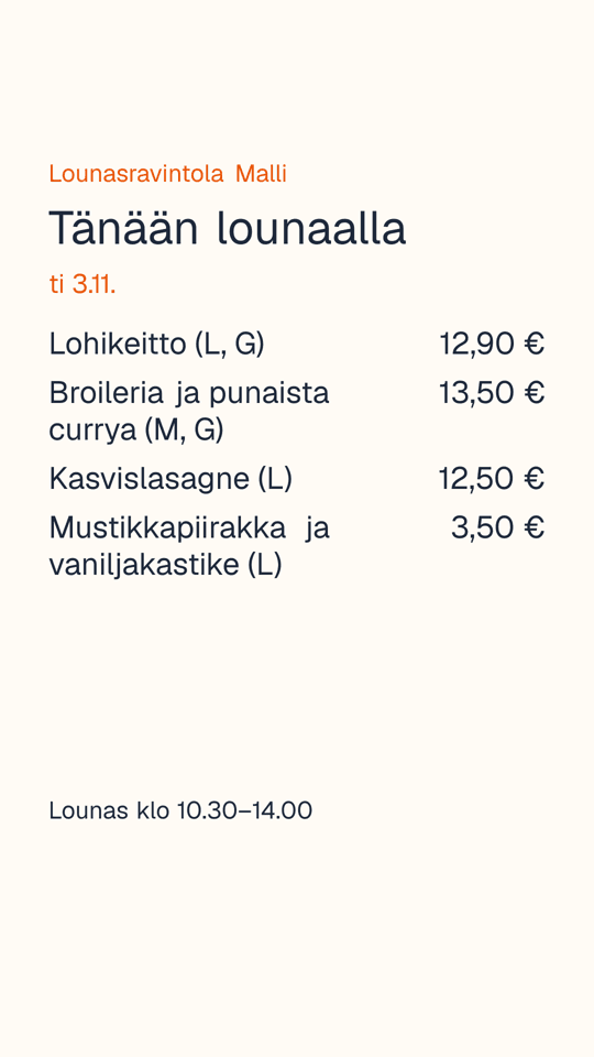 Esimerkkiravintolan lounaslista Instagram-tarinana