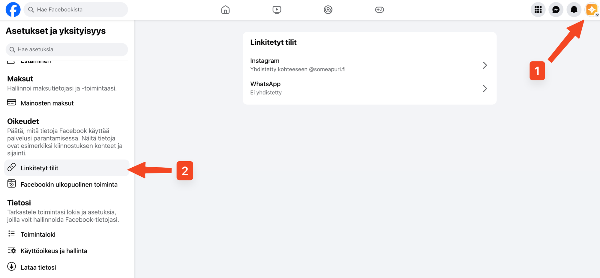 Facebook-sivun profiilin Linkitetyt tilit -näkymä, jossa Instagram on yhdistetty tiliin @someapuri.fi; nuoli 1 osoittaa profiilinvaihtoon oikeassa yläkulmassa, nuoli 2 Linkitetyt tilit -valikkoon